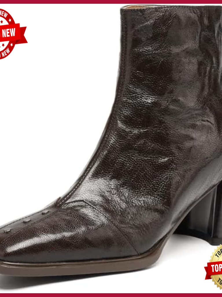Genuine Leather Square Toe Block Heel Ankle Booties Handmade Back Zip